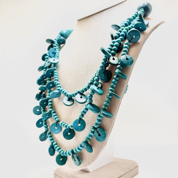 VTG Circle Disc & Round Coconut Wood Dyed Blue Triple Strand Necklace 30" Length - Picture 3 of 10